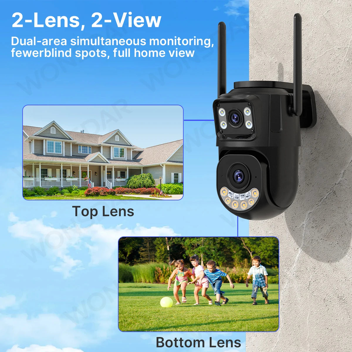 WONSDAR 4K HD Outdoor IP Camera with Triple Lens, Dual Screen, PTZ Functionality, Auto Tracking, and Wifi Surveillance System