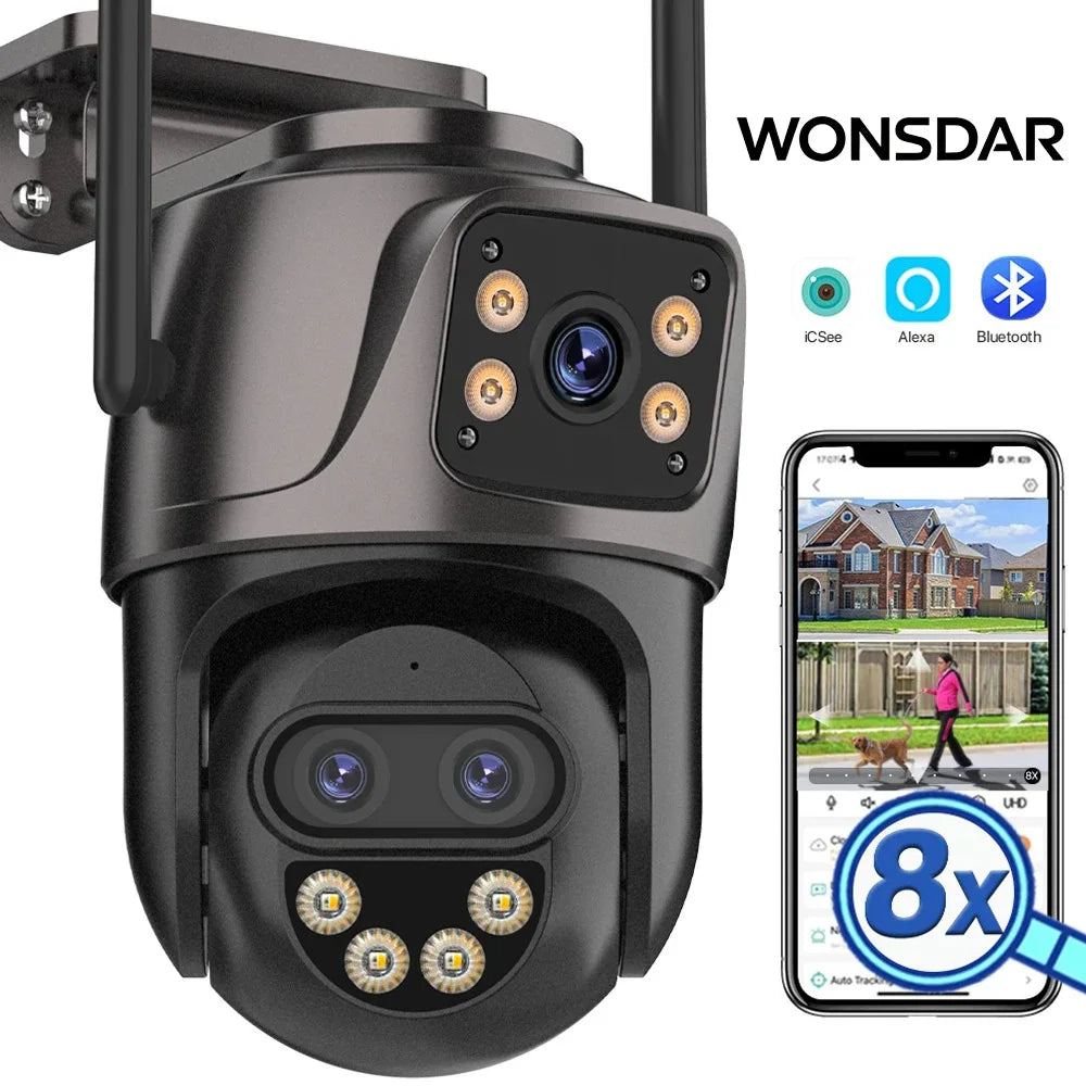WONSDAR 4K HD Outdoor IP Camera with Triple Lens, Dual Screen, PTZ Functionality, Auto Tracking, and Wifi Surveillance System