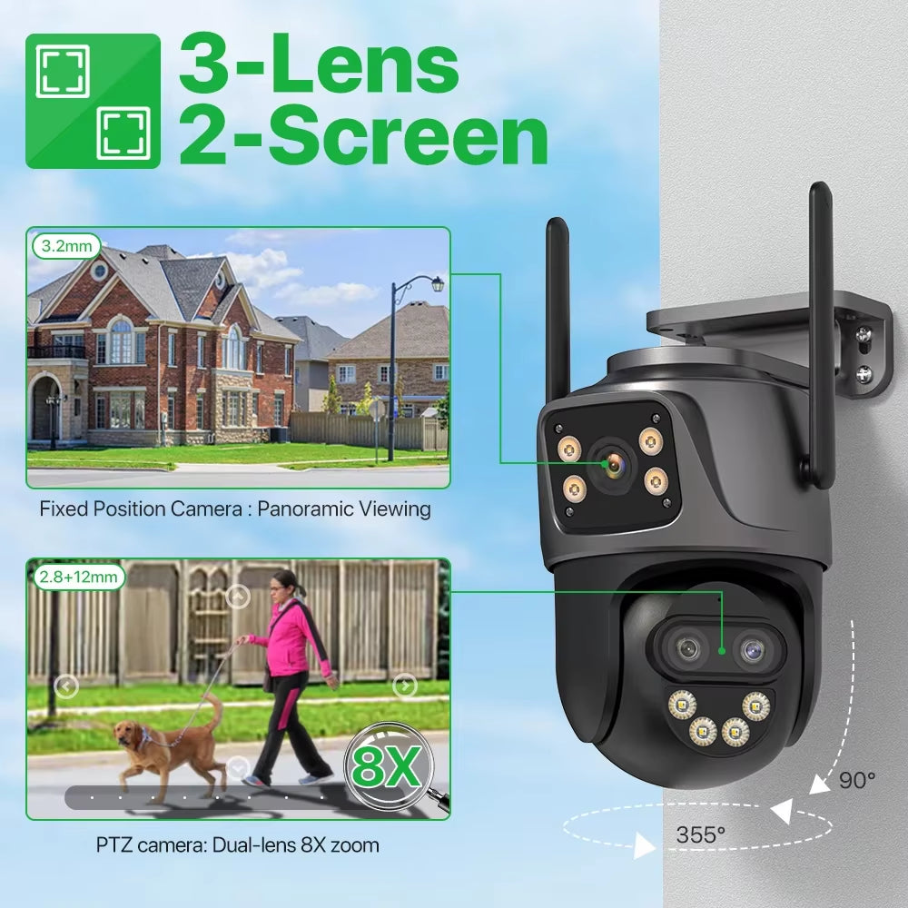 WONSDAR 4K HD Outdoor IP Camera with Triple Lens, Dual Screen, PTZ Functionality, Auto Tracking, and Wifi Surveillance System