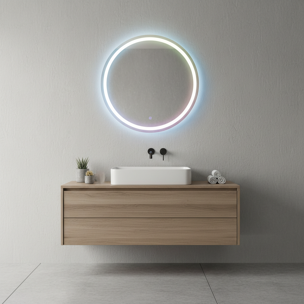 Specchio LED rotondo con luci colorate in bagno moderno