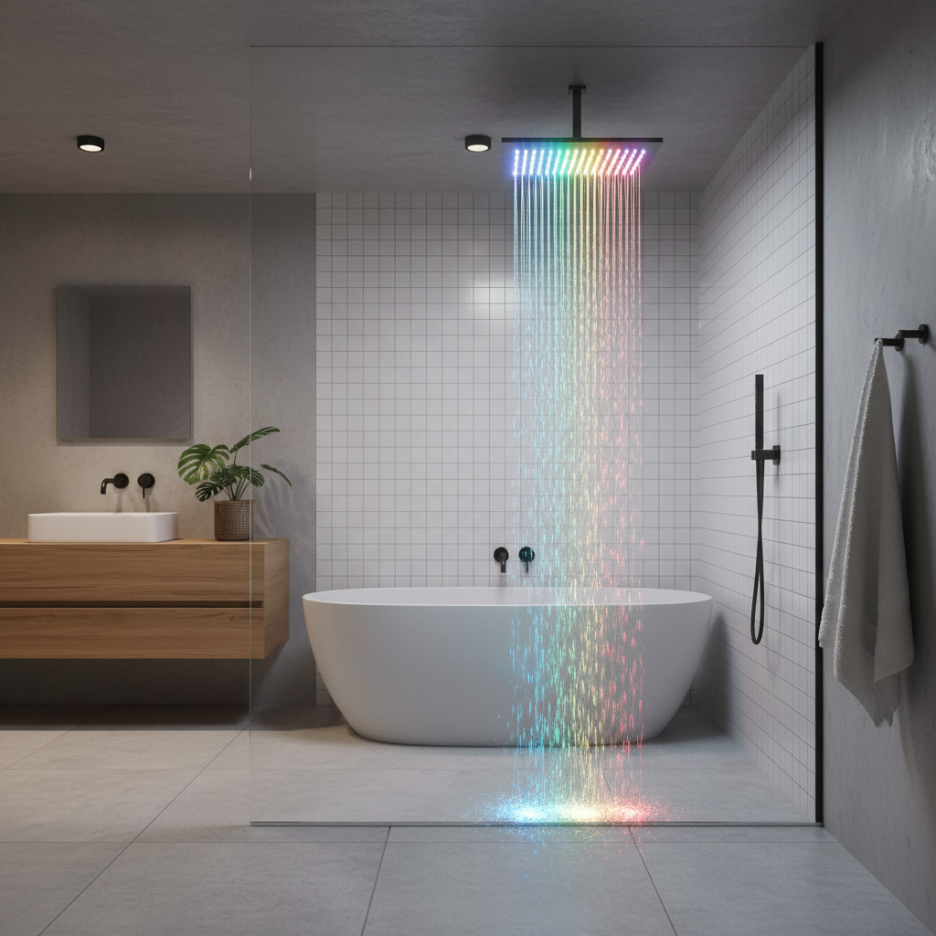 Soffione doccia LED con luci colorate in bagno moderno